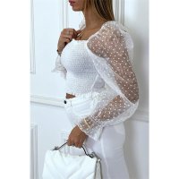 Womens crop top with transparent organza sleeves white