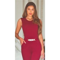 Elegant sleeveless overall jumpsuit with gold-coloured buckle wine-red UK 16/18 (XL)