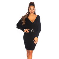 Womens V-neck knit dress with buckle and glitter black