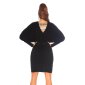 Damen V-Ausschnitt Strickkleid mit Deko-Schnalle Schwarz
