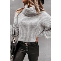 Womens chunky knit sweater with turtleneck light grey...