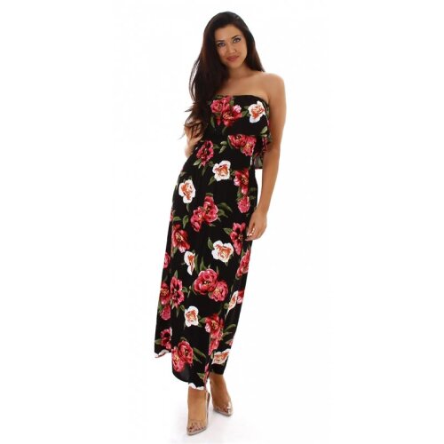 Long Carmen maxi dress with flounce and flowers black