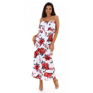 Langes Damen-Maxikleid mit Volant und Blumen Weiß