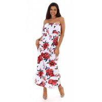 Long Carmen maxi dress with flounce and flowers white