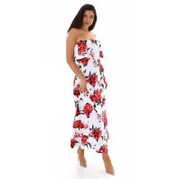 Long Carmen maxi dress with flounce and flowers white