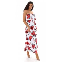 Langes Damen-Maxikleid mit Volant und Blumen Weiß