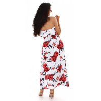 Langes Damen-Maxikleid mit Volant und Blumen Weiß
