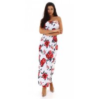 Langes Damen-Maxikleid mit Volant und Blumen Weiß