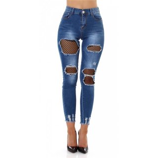 Damen Destroyed Skinny Jeans mit Löchern und Netzstoff Blau 36 (S)