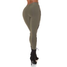 Damen Highwaist Treggings mit Glitzer-Streifen Khaki