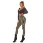 Damen Highwaist Treggings mit Glitzer-Streifen Khaki