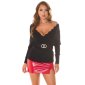 Womens fine-knit off-the-shoulder sweater with V-neck black