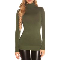Ladies fine-knitted long sweater with turtle neck khaki...