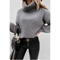 Womens chunky knit sweater with turtleneck grey Onesize...
