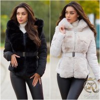 Womens winter puffer jacket with hood & fake fur black