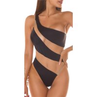 Sexy Damen One-Shoulder Badeanzug mit Netzstoff Schwarz-Beige