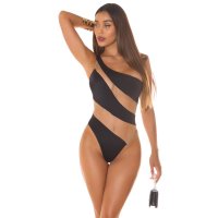 Sexy Damen One-Shoulder Badeanzug mit Netzstoff Schwarz-Beige