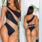 Sexy Damen One-Shoulder Badeanzug mit Netzstoff Schwarz-Beige