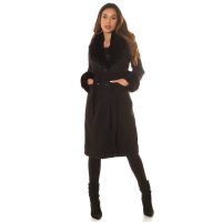 Elegant womens coat with faux fur and belt black