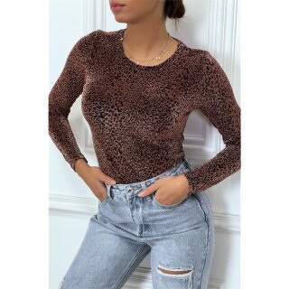 Womens long-sleeved shirt with glitter leopard look cognac-black