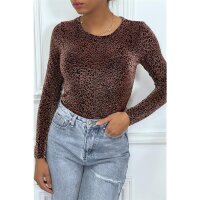 Womens long-sleeved shirt with glitter leopard look cognac-black