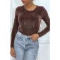 Womens long-sleeved shirt with glitter leopard look cognac-black