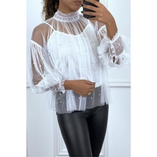 Edle Damen Tüllbluse mit Perlen inkl. Trägertop Weiß