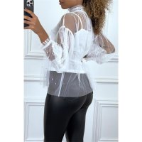 Womens tulle blouse with pearls incl. strappy top white