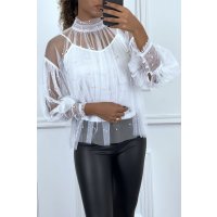 Edle Damen Tüllbluse mit Perlen inkl. Trägertop Weiß