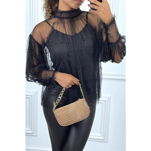 Womens tulle blouse with pearls incl. strappy top black