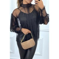 Womens tulle blouse with pearls incl. strappy top black...