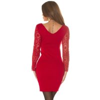 Womens knit dress with long lace sleeves red