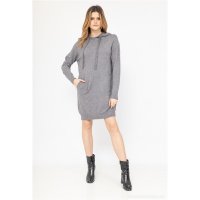 Damen Hoodie-Kleid Feinstrick mit Kapuze Grau