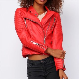 Damen Kunstleder Jacke in Biker-Stil Rot