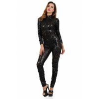 Sexy womens catsuit with zipper wet look gogo clubwear black