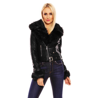 Noble womens jacket imitation leather with fake fur black UK 12 (M)