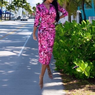 Long gathered womens summer maxi dress with flowers fuchsia