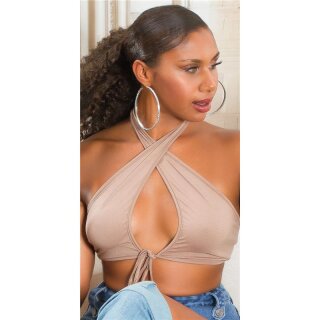 Damen Neckholder Crop-Top Wickel-Top Cappuccino