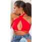 Womens halterneck wrap tie top crop top red