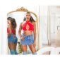 Womens halterneck wrap tie top crop top red