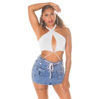 Damen Neckholder Crop-Top Wickel-Top Weiß