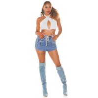 Damen Neckholder Crop-Top Wickel-Top Weiß