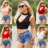 Sexy Damen Crop Top mit V-Ausschnitt Weiß