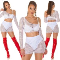 Sexy 2 pcs women mesh gogo set top + skirt clubwear white