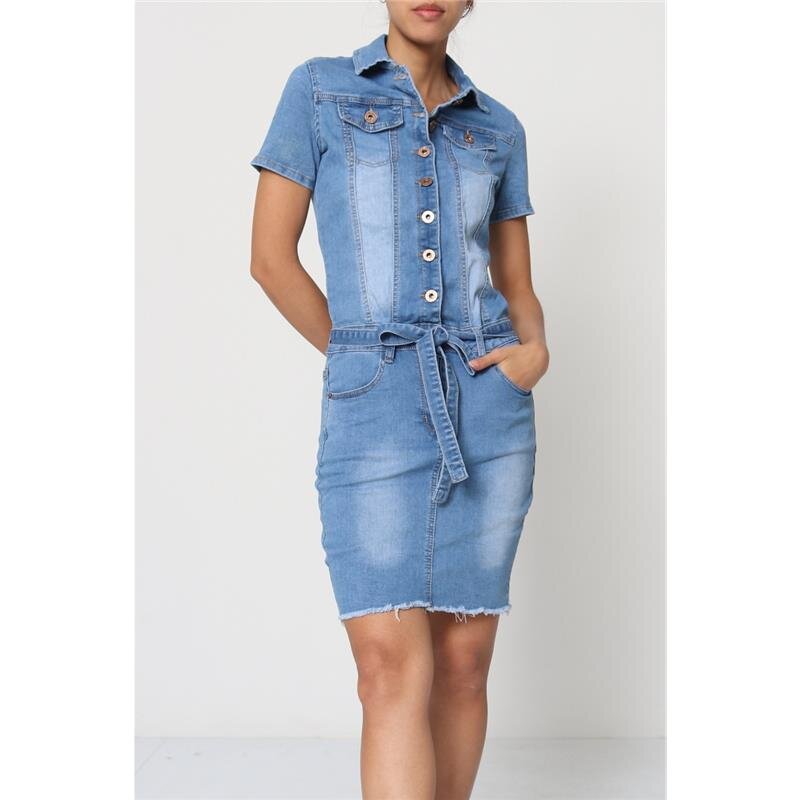 Damen Kurzarm Jeanskleid Mit Knöpfen