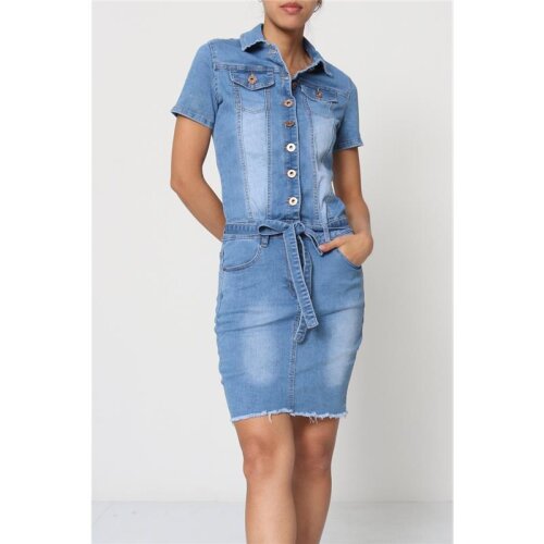 Womens button front jeans dress with belt slim-fit blue
