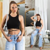 Damen-Tanktop Crop Top mit Bindebändern Schwarz