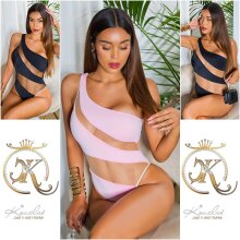 Sexy Damen One-Shoulder Badeanzug mit Netzstoff Rosa-Beige