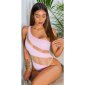 Sexy Damen One-Shoulder Badeanzug mit Netzstoff Rosa-Beige