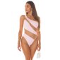 Sexy Damen One-Shoulder Badeanzug mit Netzstoff Rosa-Beige